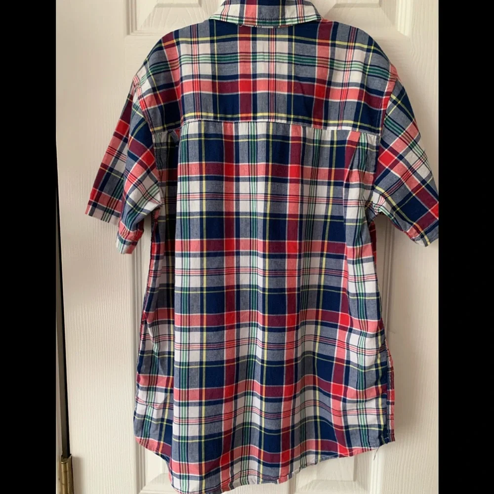 Children’s Place Shirt Boy L 10/12 Red White Blue Plaid Button Down Short Sleeve